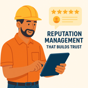 Illustration of contractor using a tablet to monitor online reviews, representing reputation management for field service businesses.
