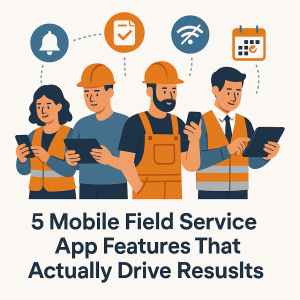 Clean vector illustration of contractors using mobile field service apps with real-time updates, digital work orders, and smart scheduling features.