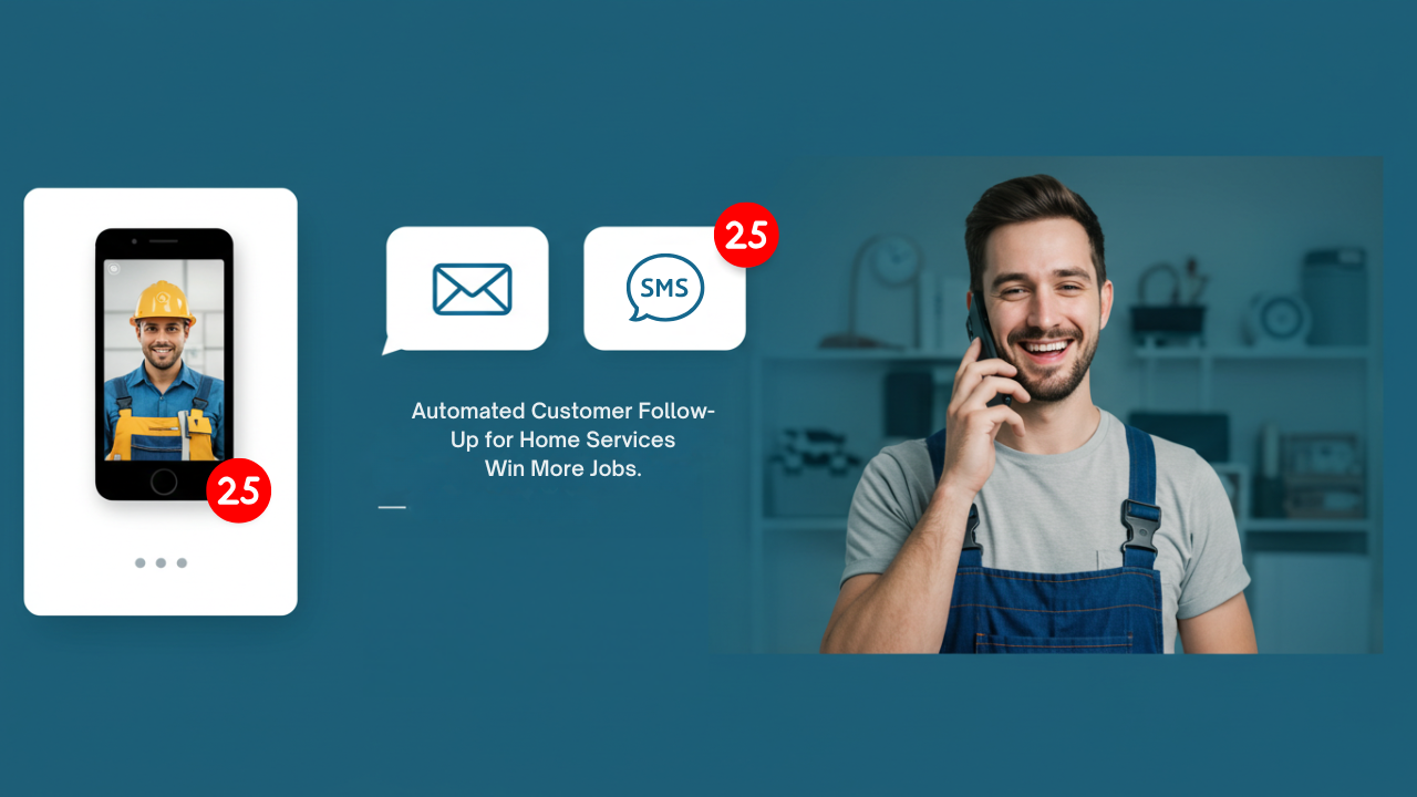 Modern dashboard illustration with text and email notifications showing the power of automated customer follow-up for home services to convert more leads.