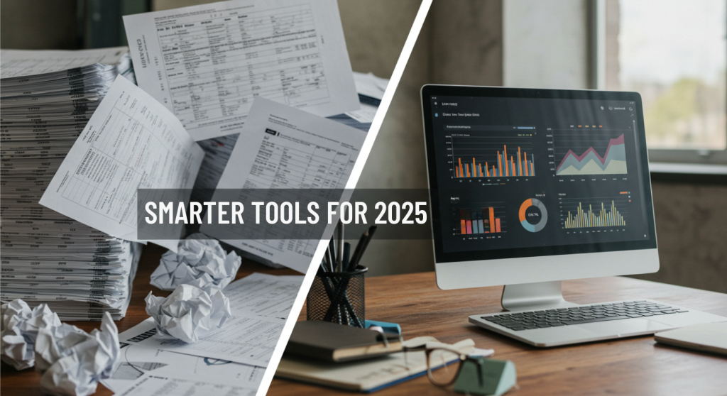 Comparison of outdated spreadsheets and modern field service management software dashboard