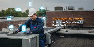 Featured image showing HVAC technician with digital software icons and text overlay promoting HVAC FSM software.