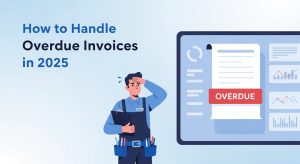 Illustration of a field service professional managing overdue payments with a clipboard and invoice alert — representing field service invoicing challenges.