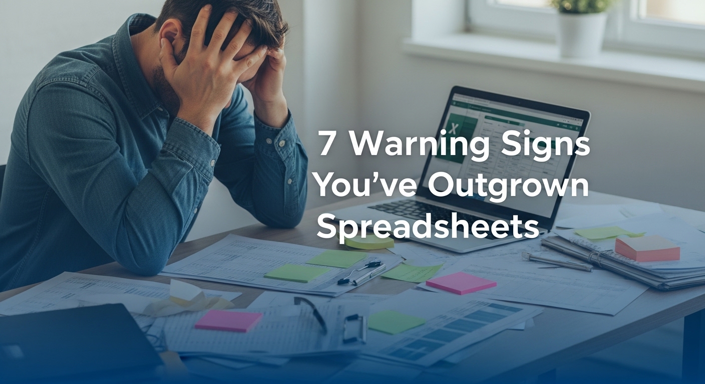 Frustrated field service business owner overwhelmed by spreadsheets needing field service management software upgrade