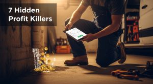 Technician fixing a leaking pipe while coins spill out — metaphor for lost field service profit margins.