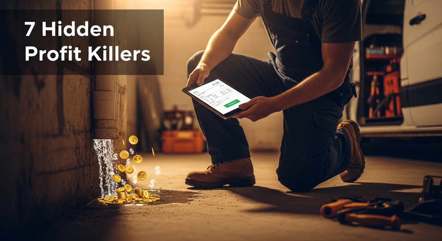 Technician fixing a leaking pipe while coins spill out — metaphor for lost field service profit margins.