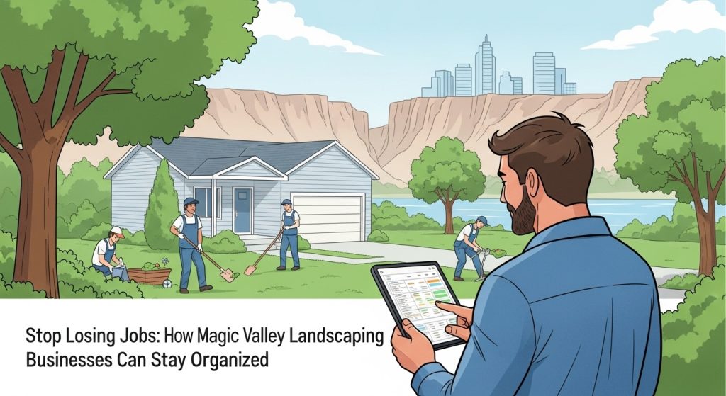 Illustration showing a landscaping business owner using software to manage scheduling and invoicing, representing how Magic Valley landscaping businesses can improve organization.