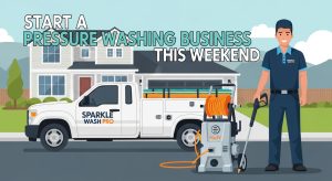 starting a pressure washing business illustration showing contractor with commercial pressure washer and work truck in Twin Falls neighborhood
