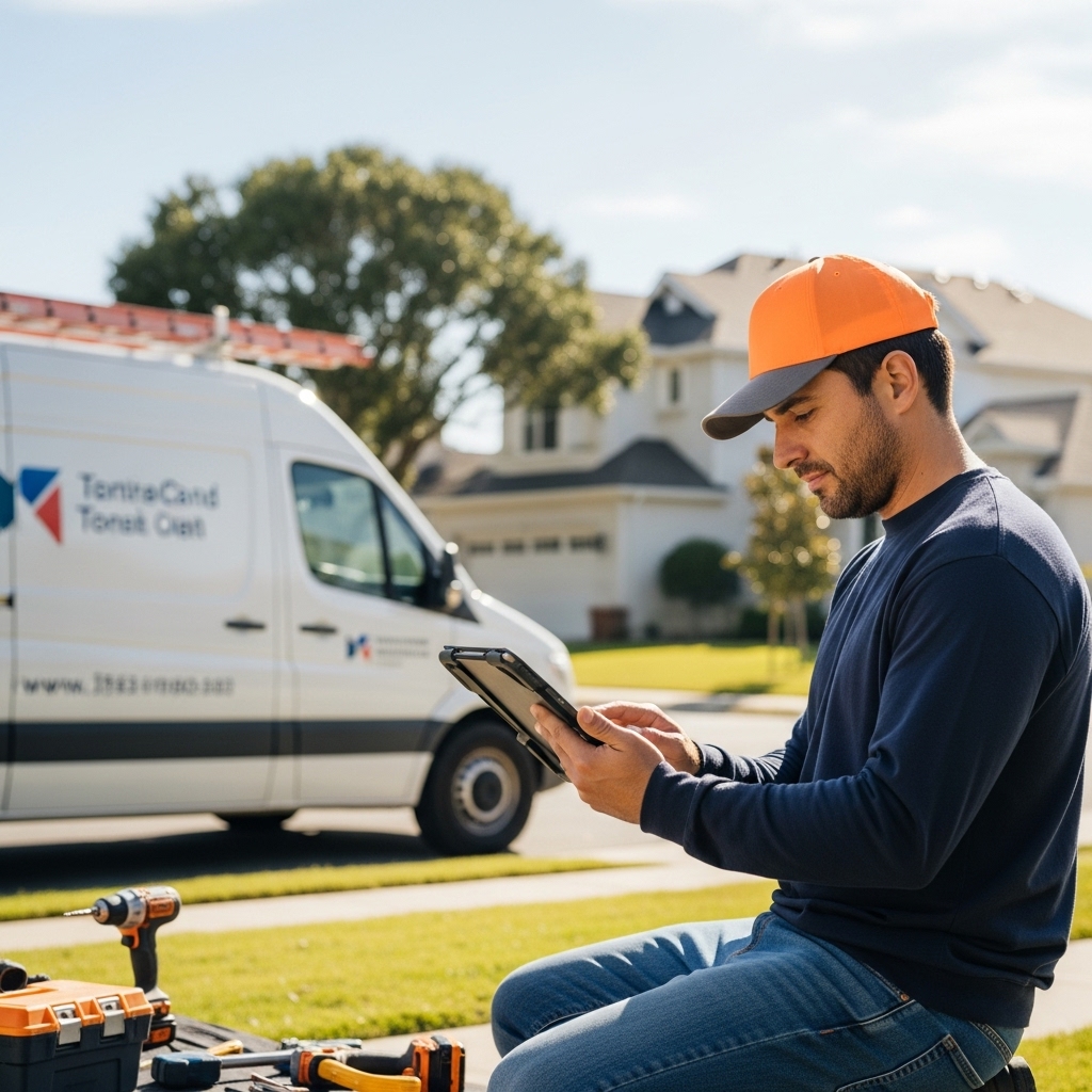 Magic Valley field service businesses technician using a mobile FSM app on a job site to manage work orders and customer communication