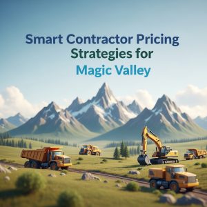 Modern illustration of a contractor using AI tools for cost tracking and job estimating in Magic Valley, representing smart contractor pricing strategies.