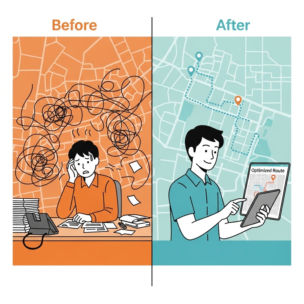 Split-screen illustration comparing field technicians’ daily routes before and after using AI-powered routing software FSM, showing reduced travel time and improved productivity.
