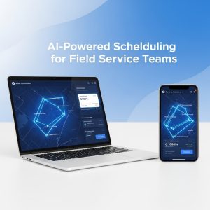 Laptop and mobile device displaying AI-Powered Scheduling dashboard for field technicians with routing map and bold headline.
