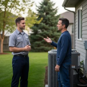 Magic Valley field service businesses technician calmly communicating with a frustrated homeowner during a service visit