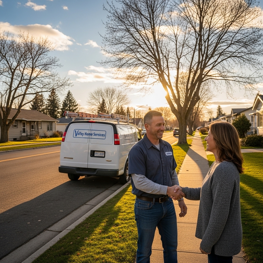 Homeowner shaking hands with a contractor in a local Idaho neighborhood representing the strong reputation of Magic Valley service businesses.