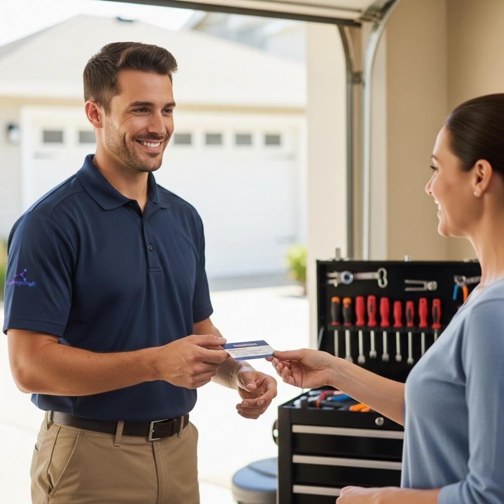 Field service technician giving a referral card to a customer as part of an employee referral program in Magic Valley