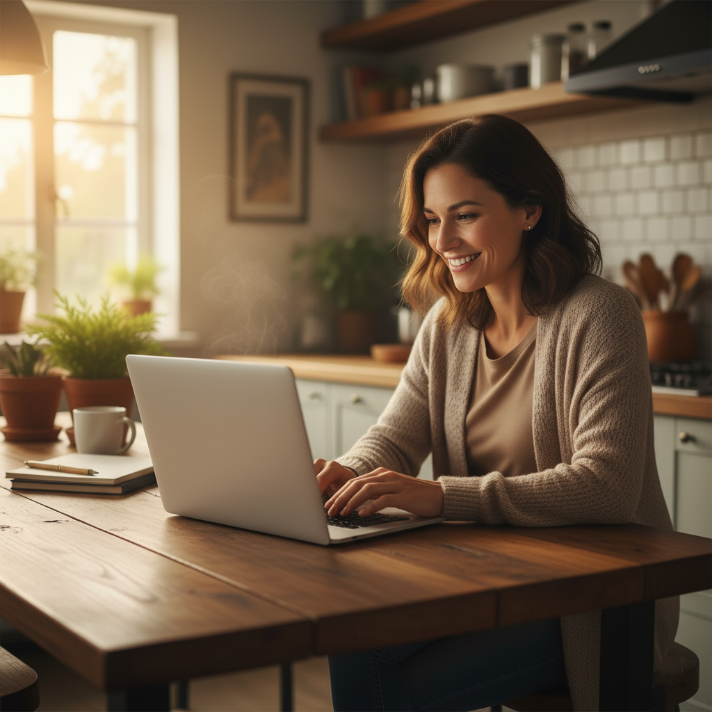 Homeowner writing a positive online review for a service business on a laptop.