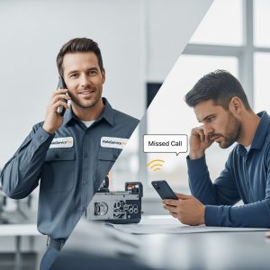 Split-screen showing one contractor answering a call immediately while a competitor misses the call, illustrating the first responder advantage in field service lead response speed in Magic Valley