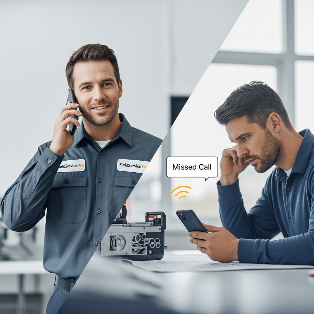 Split-screen showing one contractor answering a call immediately while a competitor misses the call, illustrating the first responder advantage in field service lead response speed