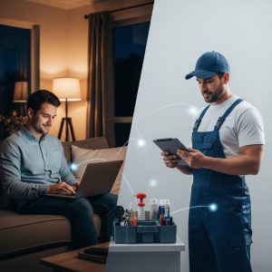 Online booking for field service businesses showing a customer scheduling a service appointment digitally while a technician receives the booking instantly.