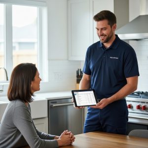 Contractor explaining Upfront Pricing to a homeowner using a digital estimate inside a modern home