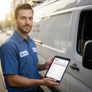 Field service technician comparing payment methods including credit cards, checks, and cash for contractors