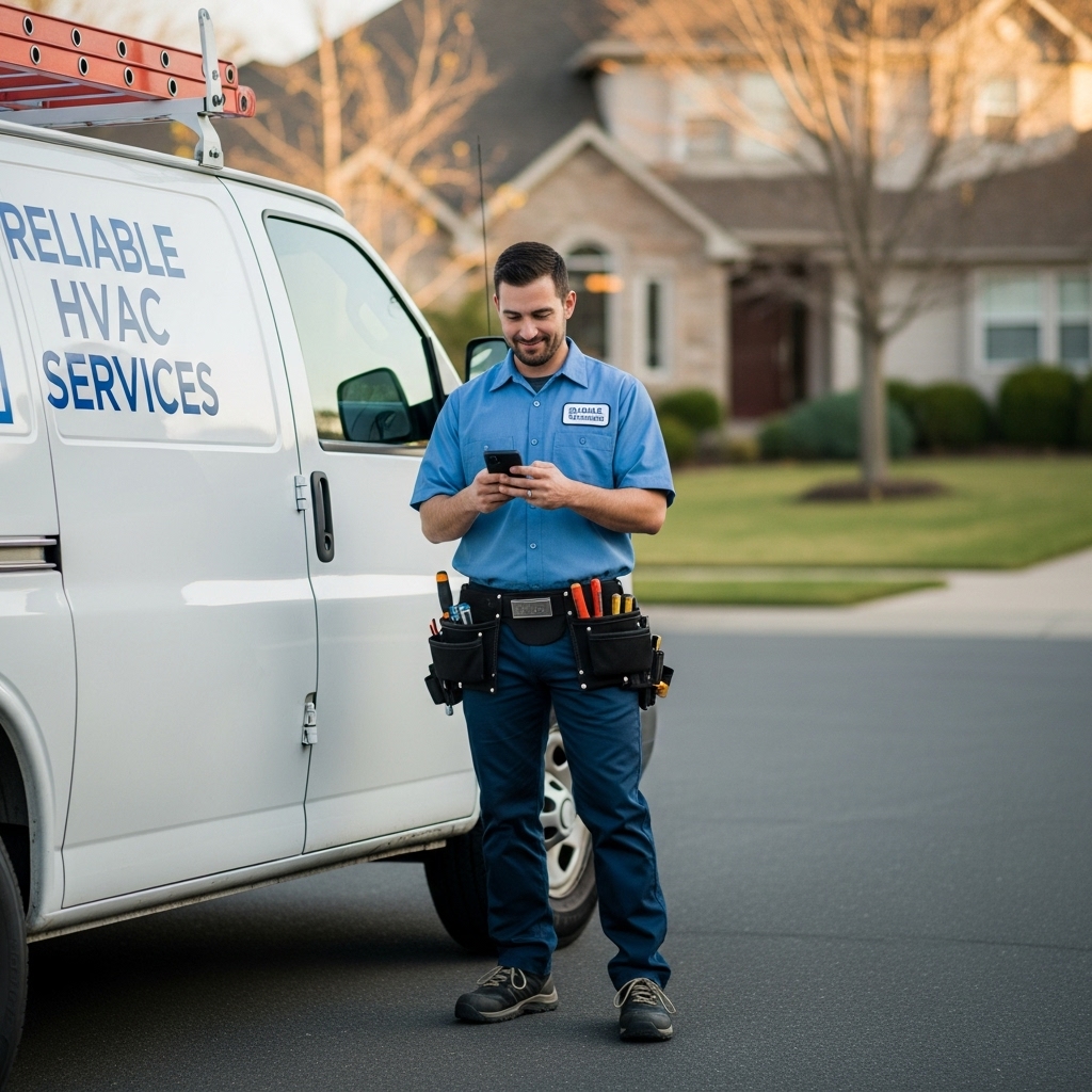 Contractor checking smartphone for sms marketing message before a service appointment